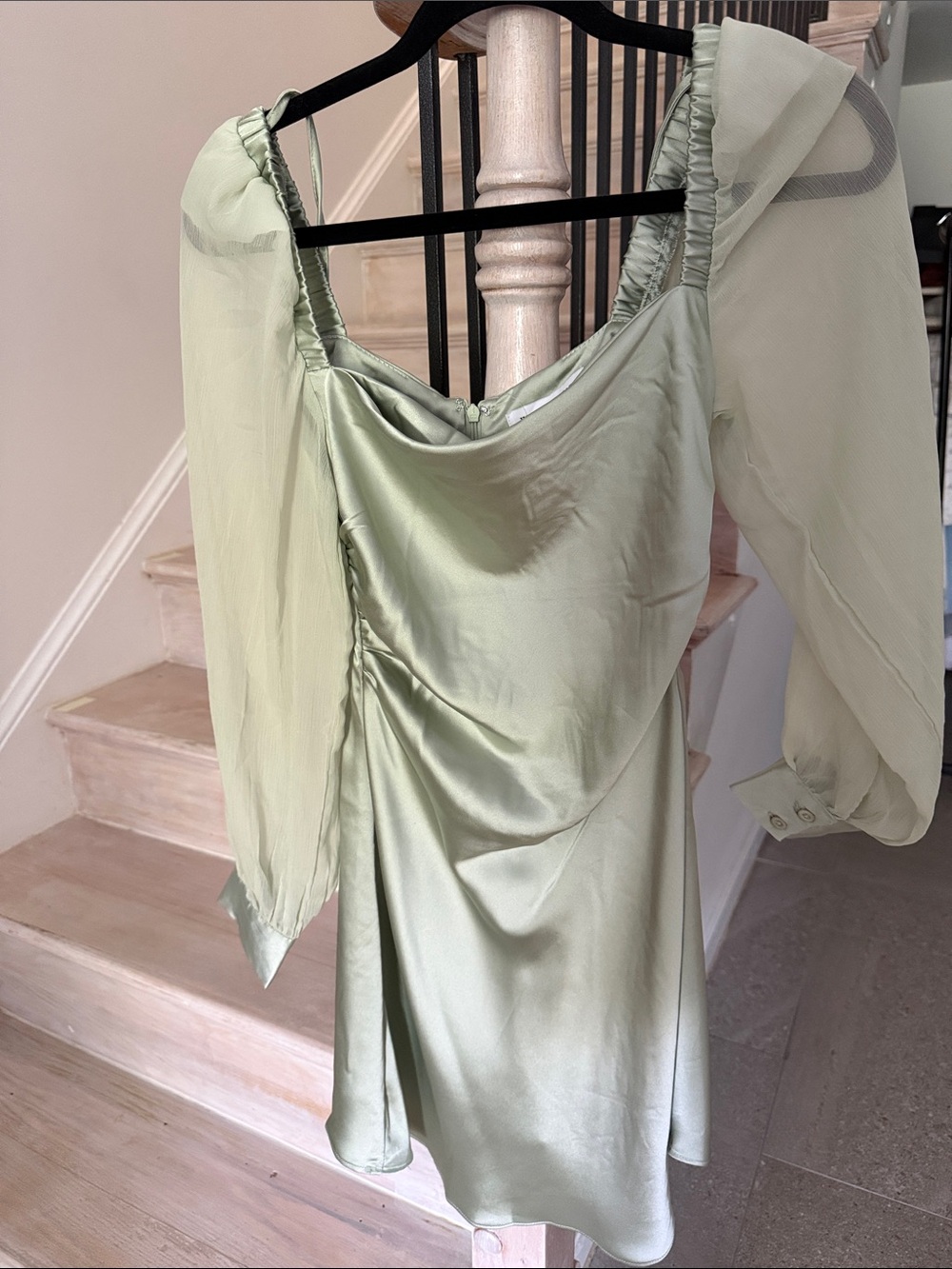 WeWoreWhat Light Sage Green Satin Dress with Sheer Sleeves
